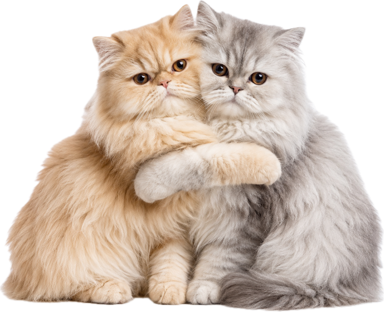 Two fluffy Persian cats — one cream, one silver — cuddling together